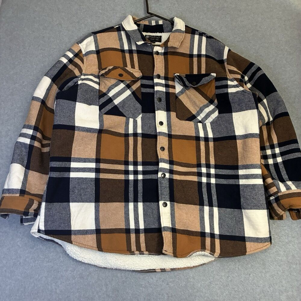 Matix Sherpa Lined Flannel Shirt Jacket 3XL Brown Plaid Button Front